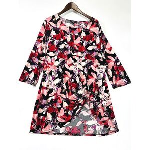 Cocomo Woman Floral Knot Front Tunic Top Pink Red Black 2X Plus Size 3/4 Sleeve